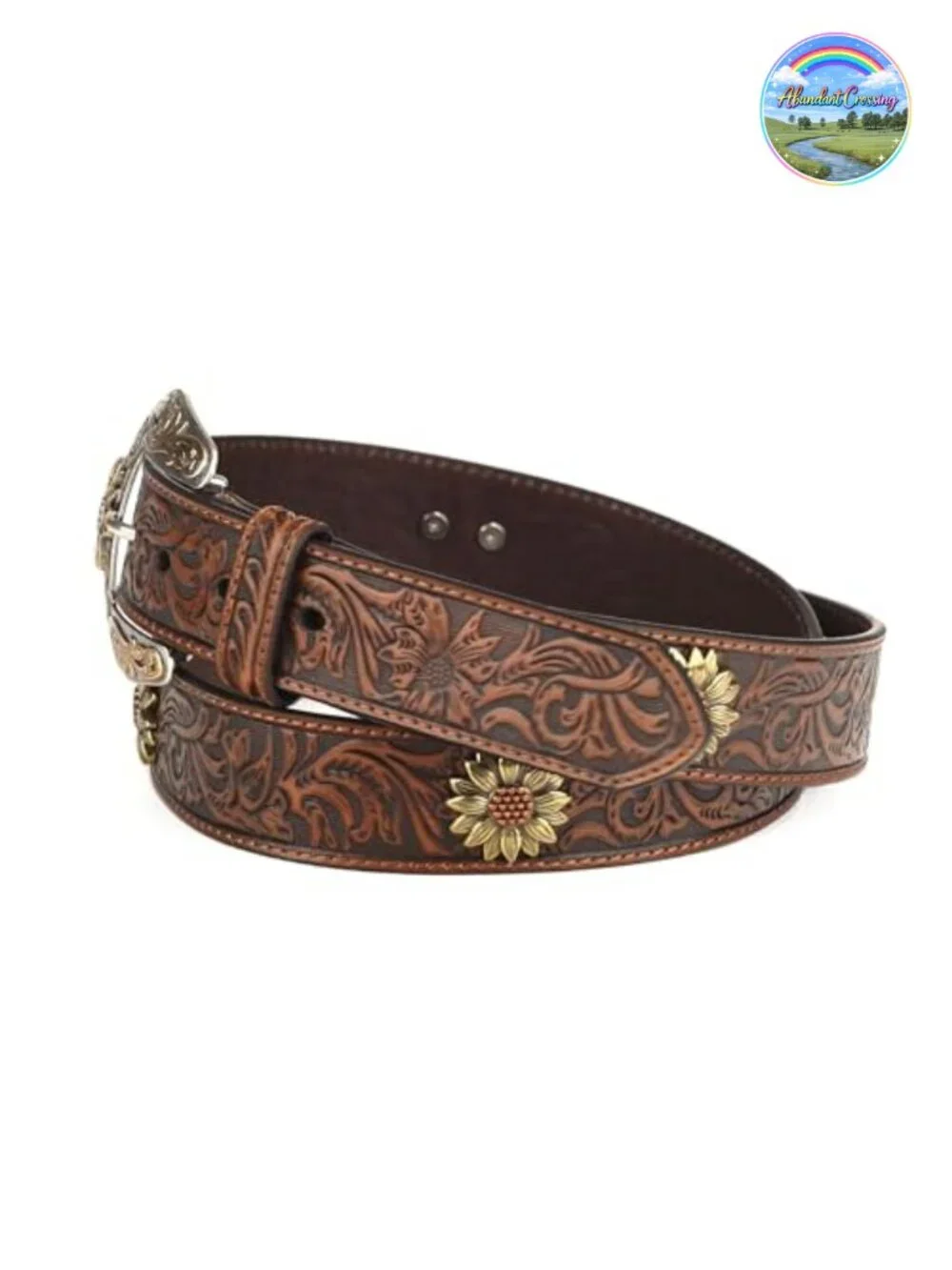 Genuine Leather Floral Tooled Western Belt with Concho Buckle 1.5in